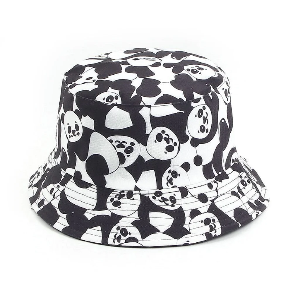 New Fashion Women Cute Cow Panda Print Outdoor Double Sided Reversible White Black Bucket Cap Sun Hat For Women Gorras 3 Styles