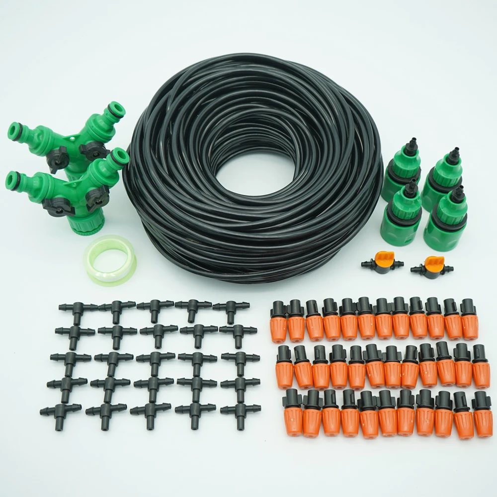 Sistema de riego por nebulización para jardín, Kit de riego de plantas atomizadoras con boquilla de flujo ajustable naranja, manguera de 1/4 pulgadas, 5-50m