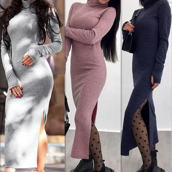

Kureas Women's Knitted Dress Maxi Sweater Dresses Sexy Wrap Turtleneck Slit Holiday Bodycon Dress Winter Autumn