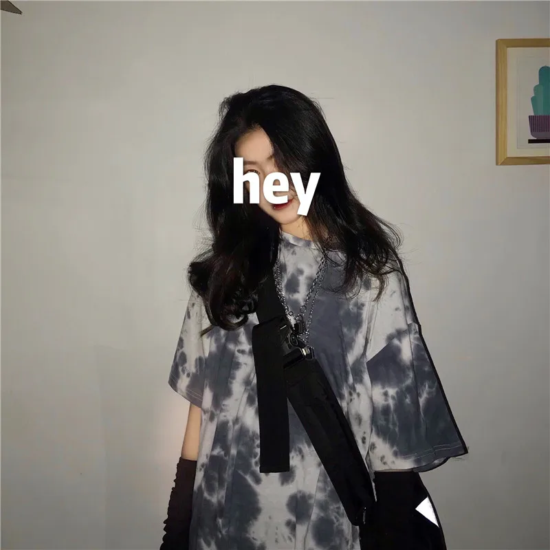 Ulzzang уличный крутой модный вареный градиентный свободный BF женская футболка Черная Повседневная Harajuku Новая Летняя женская одежда в стиле хип-хоп