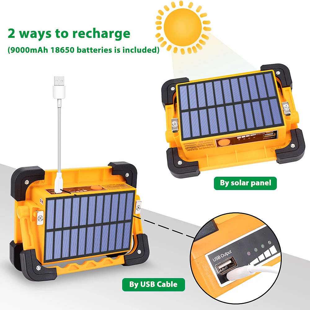 Solar LED Work Light USB Rechargeable Portable Floodlight 9000MAh Waterproof Magnet Flood Lights for Outdoor Camping Fishing Hik Solar LED Work Light USB Rechargeable Portable Floodlight 9000MAh Waterproof Magnet Flood Lights for Outdoor Camping Fishing Hik