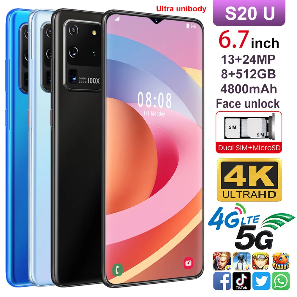 Smartphone S20U phones MTK6799 Deca core 6.7inch HD Mobile phone 1440*3040 Unlocked smartphone 8GB+512GB Camera 13MP+24MP