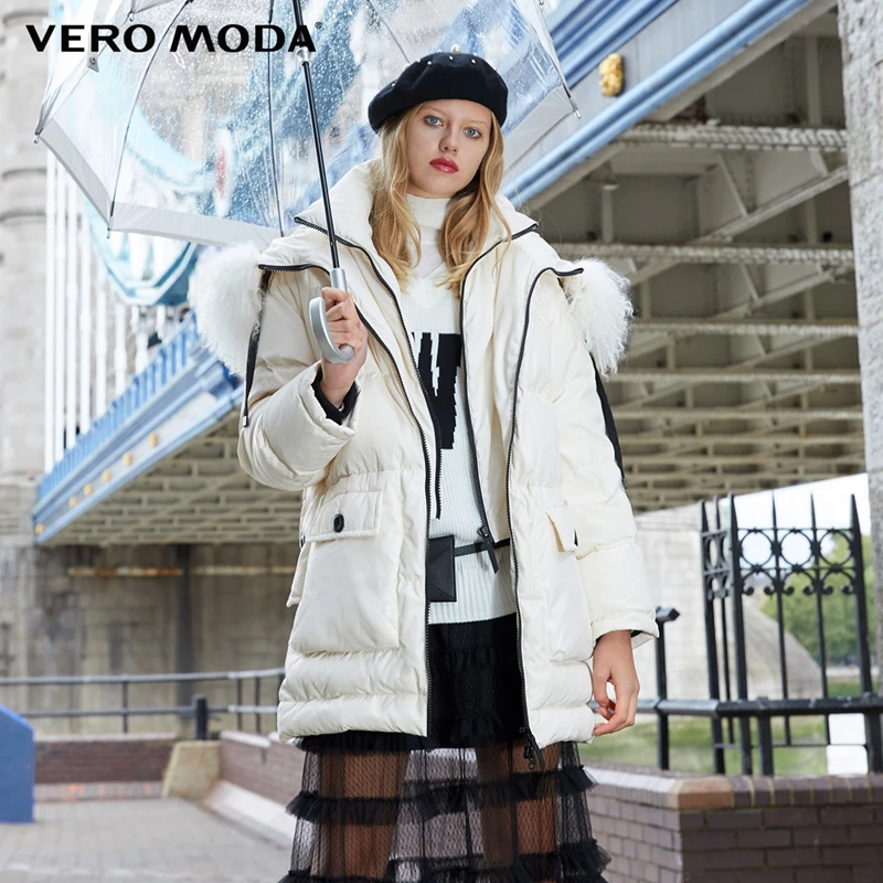 

Vero Moda Women's Sheep Fur Collar Hooded Long Down Jacket Parka Coat | 318412507