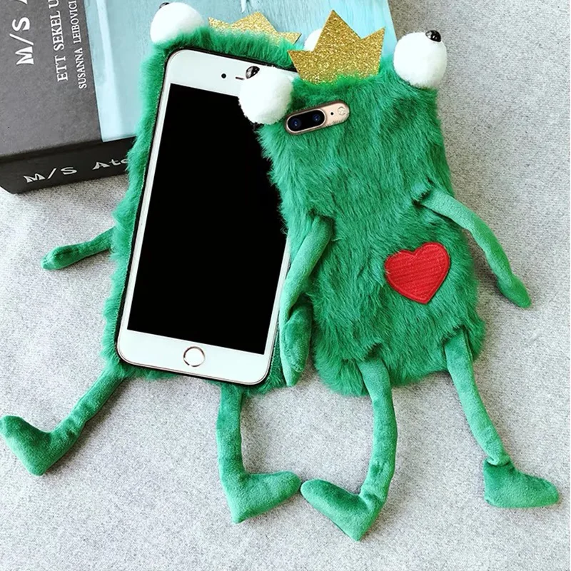 3D силиконовые чехлы для телефонов с милым мехом лягушки для iPhone X 8 7 6 s 6s Plus XS Max XR плюшевые забавные большие глаза Лягушка принц для девочек