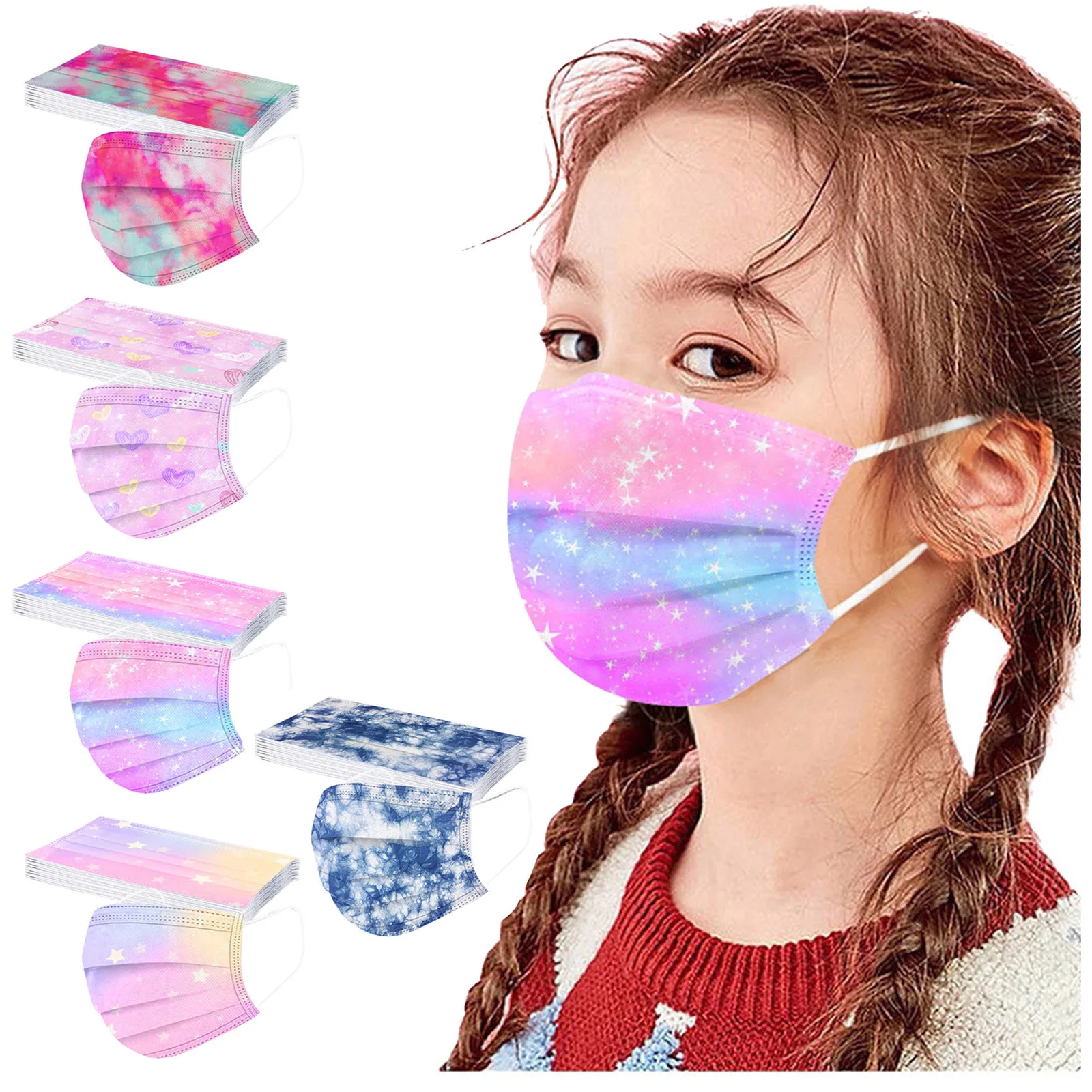 50pc Child Kids Face Mask Disposable Tie Dyed Mask 3layer Breathable