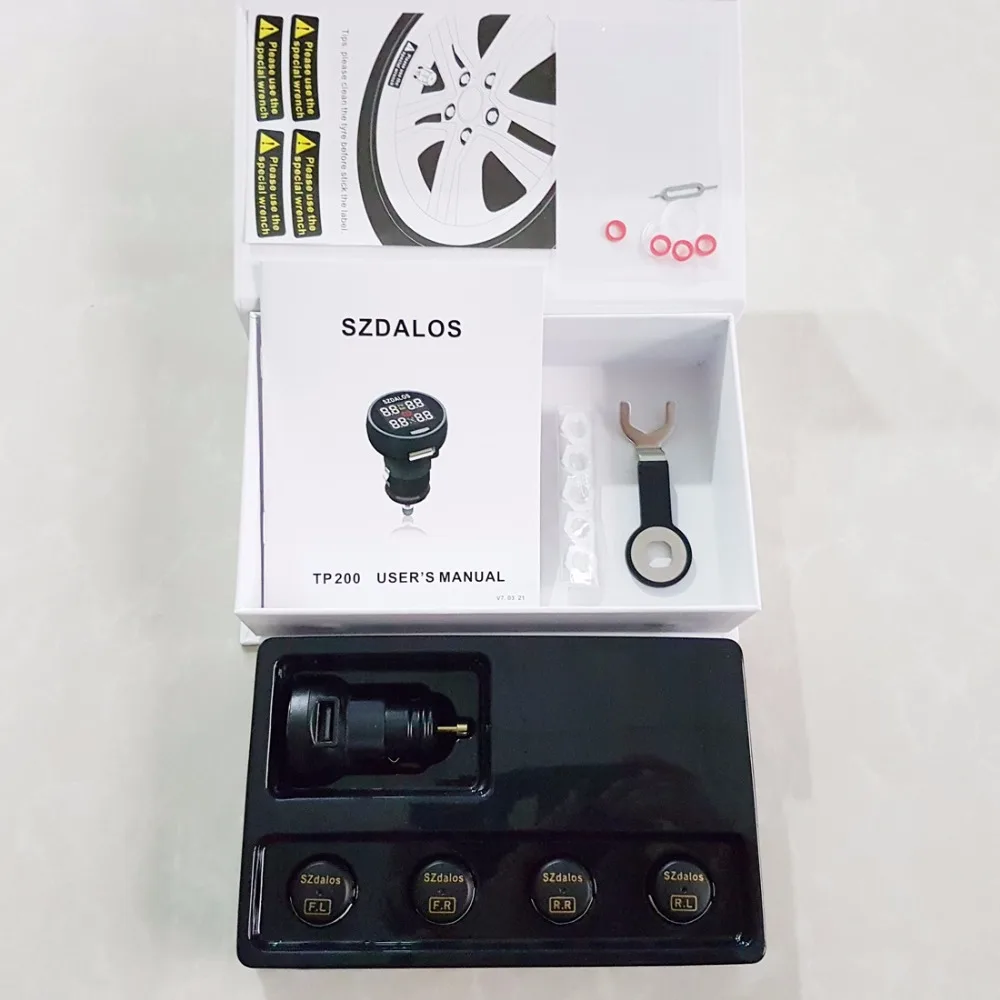 SZDALOS TP200 TPMS Car Wireless Tire Pressure Monitoring System + 4 Mini Sensors Cigarette Tyre Pressure Monitoring