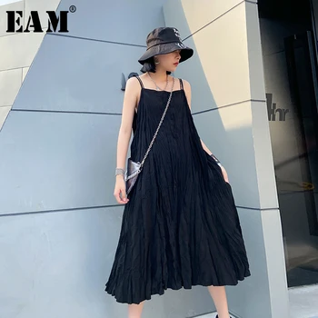 

[EAM] Women Black Pleated Split Big Size Spaghetti Strap Dress New Sleeveless Loose Fit Fashion Tide Spring Summer 2020 1U090