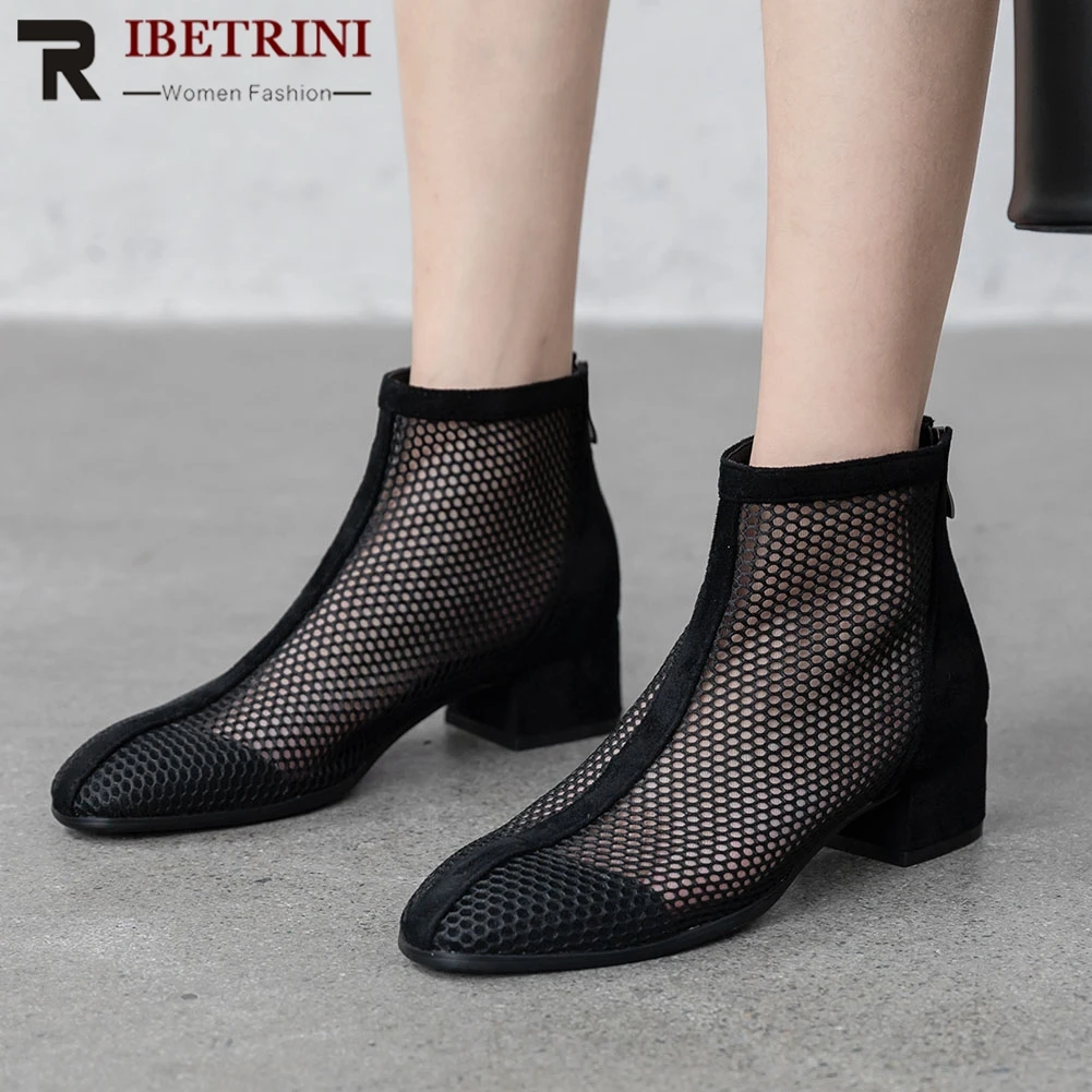 

RIBETRINI Ins Hot New Female Summer Boots Hollowing Zipper Pointed Toe Boots Women Square Heel Fashion Casual Shoes Woman