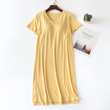 

Short-sleeved V-neck with Chest Pad Nightdress Ladies Summer Thin Modal Solid Color Knee-length Loose Nightgowns for Women
