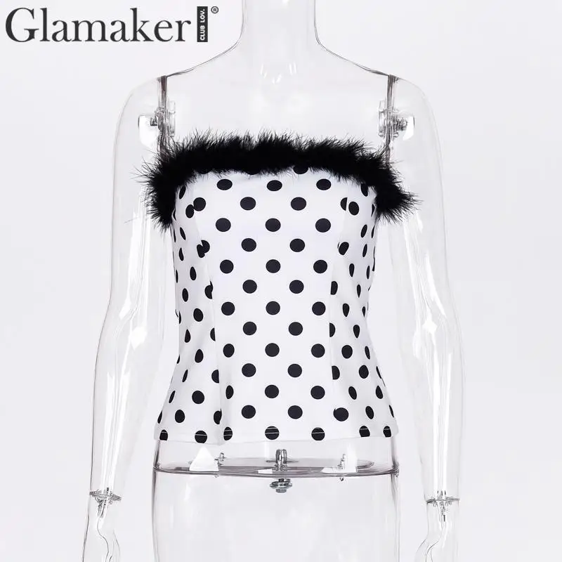 Glamaker, трикотажные майки в горошек с открытыми плечами, женские элегантные майки в стиле пэчворк с перьями, женские пикантные вечерние майки на осень и зиму