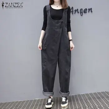 

2020 Summer Straps Long Rompers ZANZEA Women Solid Loose Turnip Jumpsuits Vintage Casual Denim Blue Overalls Female Harem Pants