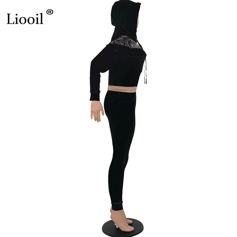 Liooil комплект из двух предметов с блестками, бархатные сексуальные комбинезоны для женщин, вечерние комбинезоны с длинным рукавом и капюшоном, черный комбинезон