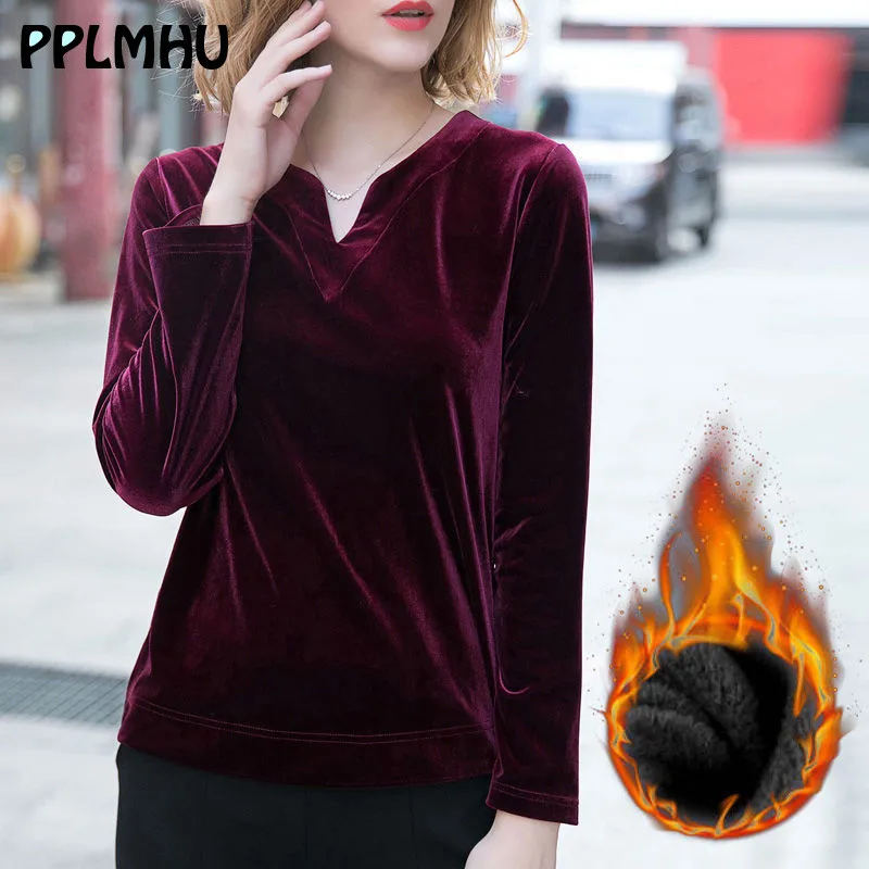 wine red winter Зимние теплые плотные бархатные рубашки для женщин 6XL 5XL размера плюс, Повседневная футболка с v-образным вырезом и длинным рукавом, одноцветные топы, модная красная одежда - Цвет: wine red winter
