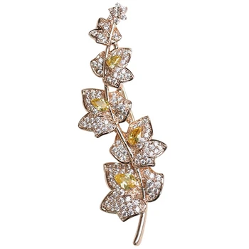 

Charming Elegant Vine Plant Branch Yellow Flowers Brooch Gold Tone Mini Pave and Pear Shaped Cz Floral Vane Pin Bridal Jewelry
