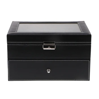 

20 Slots Black PU Leather Glass Collect Watch Rings Display Storage Box Case