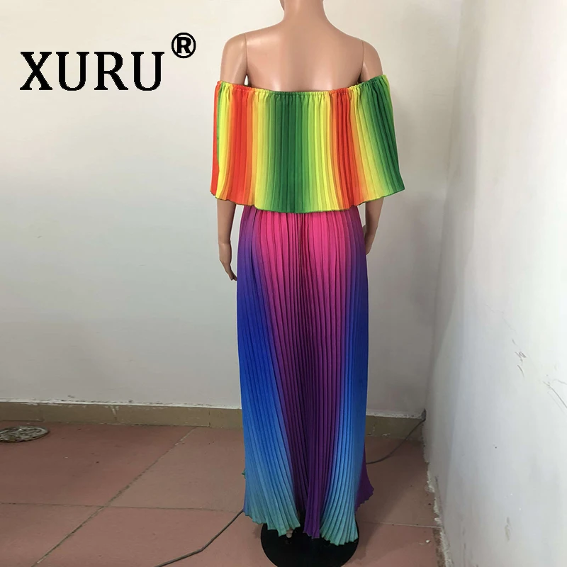 XURU летнее Новое шифоновое платье с градиентом, плиссированное сексуальное богемное пляжное длинное платье, комбинированное платье с принтом Tie Dye