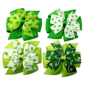 4,5 дюймов 1 упаковка 4 шт День Святого Патрика shamrock печать зеленый/белый волос лук зажим для шпильки для волос - Цвет: 1
