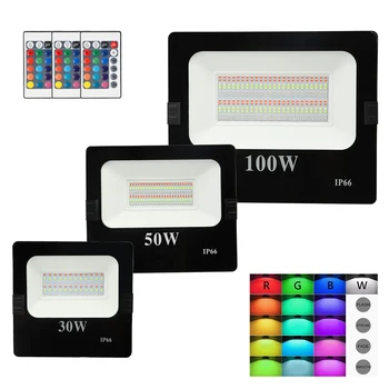 

AC220-240V Floodlight 30W 50W 100W LED Flood Light RGB LED Flood Light Waterproof IP66 Spotlight Wall Street with remote control