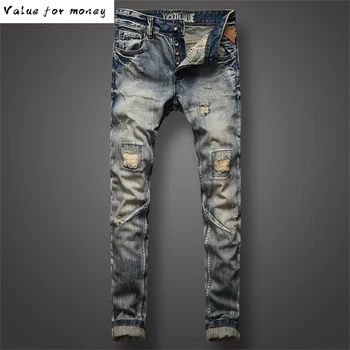 

Italian Men Style Jeans Top Quality Fashion Youth Street Biker Jeans Men Retro Vintage Denim Pants Destroyed Ripped Jeans Homme