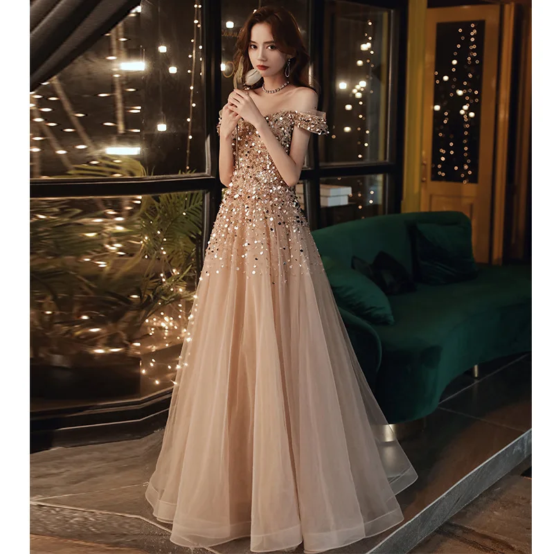 

Khaki Sequins One-shoulder Banquet Evening Dress Female 2021 Dignified Dress Aura Queen Fashion Birthday Paryt Prom Dress A109