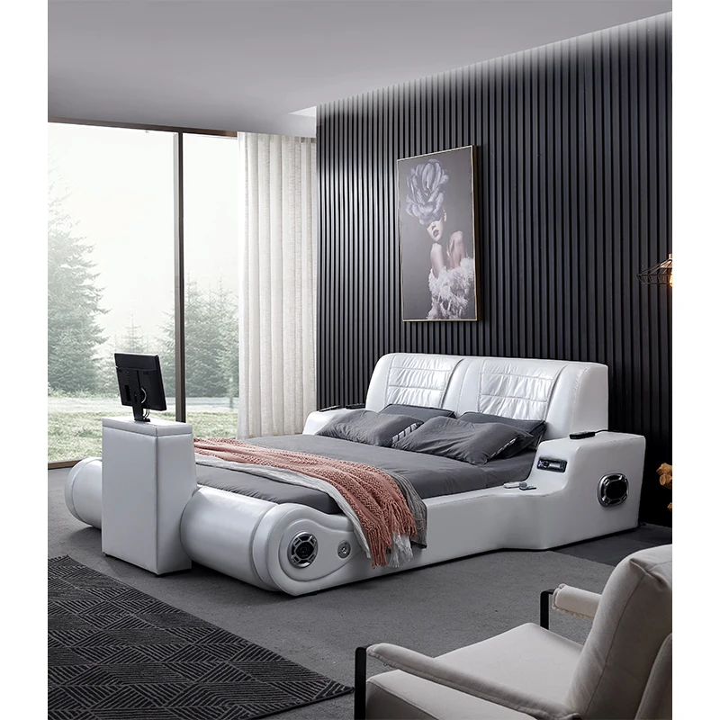 

Real Genuine leather bed TV Soft Beds Bedroom camas lit muebles de dormitorio yatak mobilya quarto massage speaker bluetooth 361