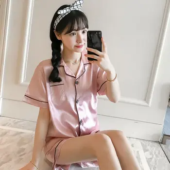 

Women Short Pajamas Set Silk-like Satin Sleepwear Short Sleeves Top Nightwear with Pants Button Closure Summer Loungewear 2019