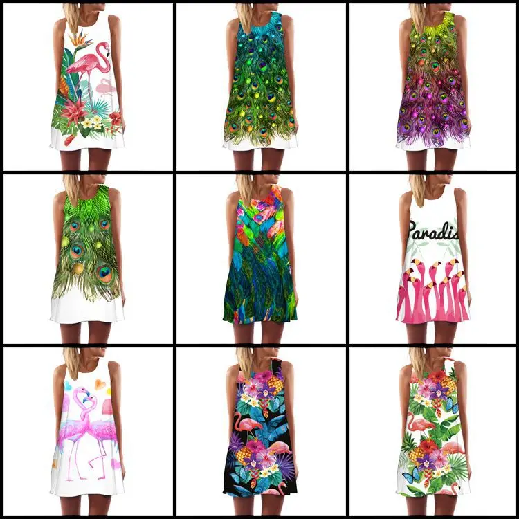 

2019 Amazon Europe And America New Style Digital Printing Crew Neck off-Shoulder Sleeveless Vest Big Hemline Loose-Fit Medium-le