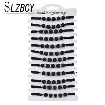 

12 pcs/lot Black Braided Rope Volcanic Stone Strand Bracelets Set For Women Handmade Adjustable Rope Wristbband Jewelry Vintage