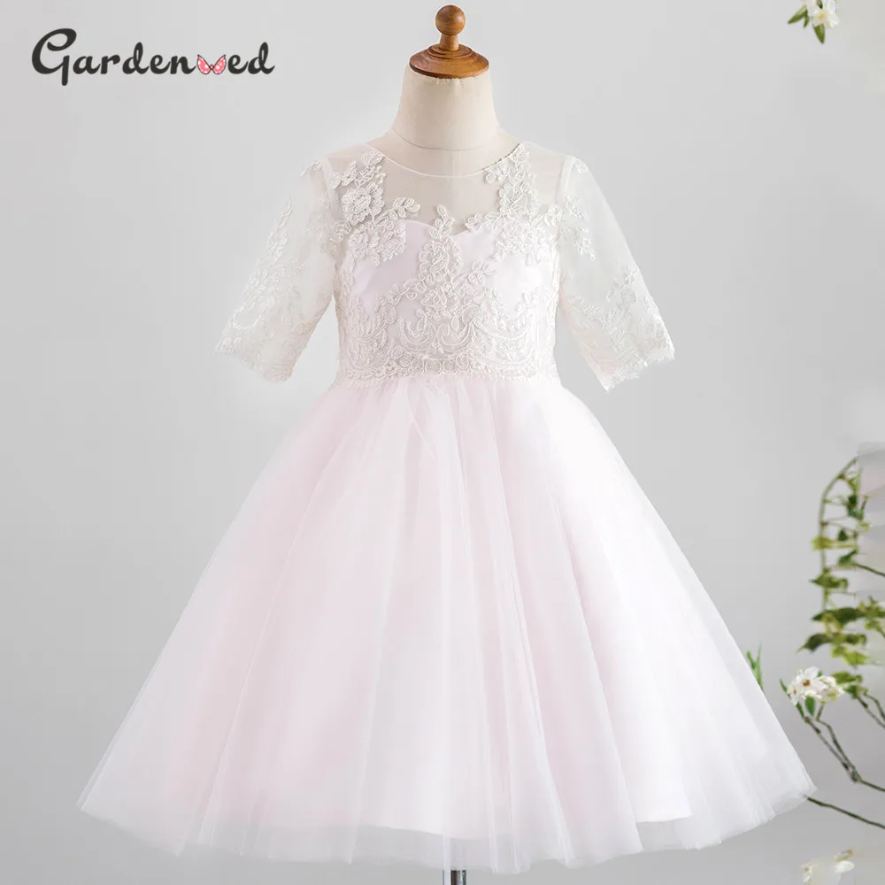 

Pink Tulle Lace Scoop Kids First Communion Dress Tulle Skirt Pearls Beadings Flower Girl Dresses Little Bride Dresses Vestidos