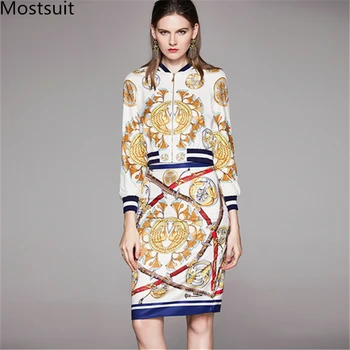 

Fashion Designer Runway Vintage Printed 2 Piece Skirt Set Outfits Women Zip-up Coat And Pencil Skirt Suits Elegant Two Piece Set