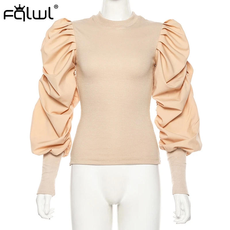 FQLWL Autumn Winter Ribbed Knitted Sweater Women Shirt 2019 Patchwork Puff Sleeve Black Sweater Female Pullovers Ladies Jumpers