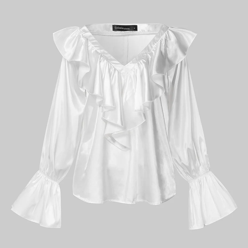 Модная белая шелковая атласная блузка Celmia, Женская Сексуальная рубашка с v-образным вырезом и длинным рукавом, летний топ с оборками, одноцветная Повседневная Блузка размера плюс - Цвет: Белый
