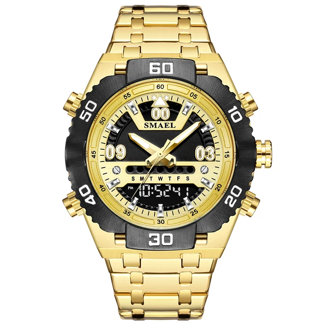 SMAEL Watch Male 2021 Sports Digital Watches Men Waterproof Steel Military Quartz Watch For Men Wristwatch Relogio Masculino Golden