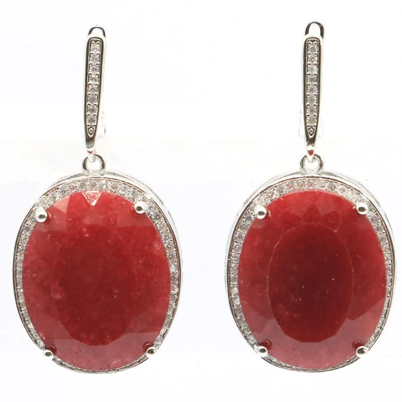 

40x20mm Big 17.5g Oval Gemstone 22x18mm Real Red Ruby White Cubic Zirconia Woman's Party 925 Silver Earrings