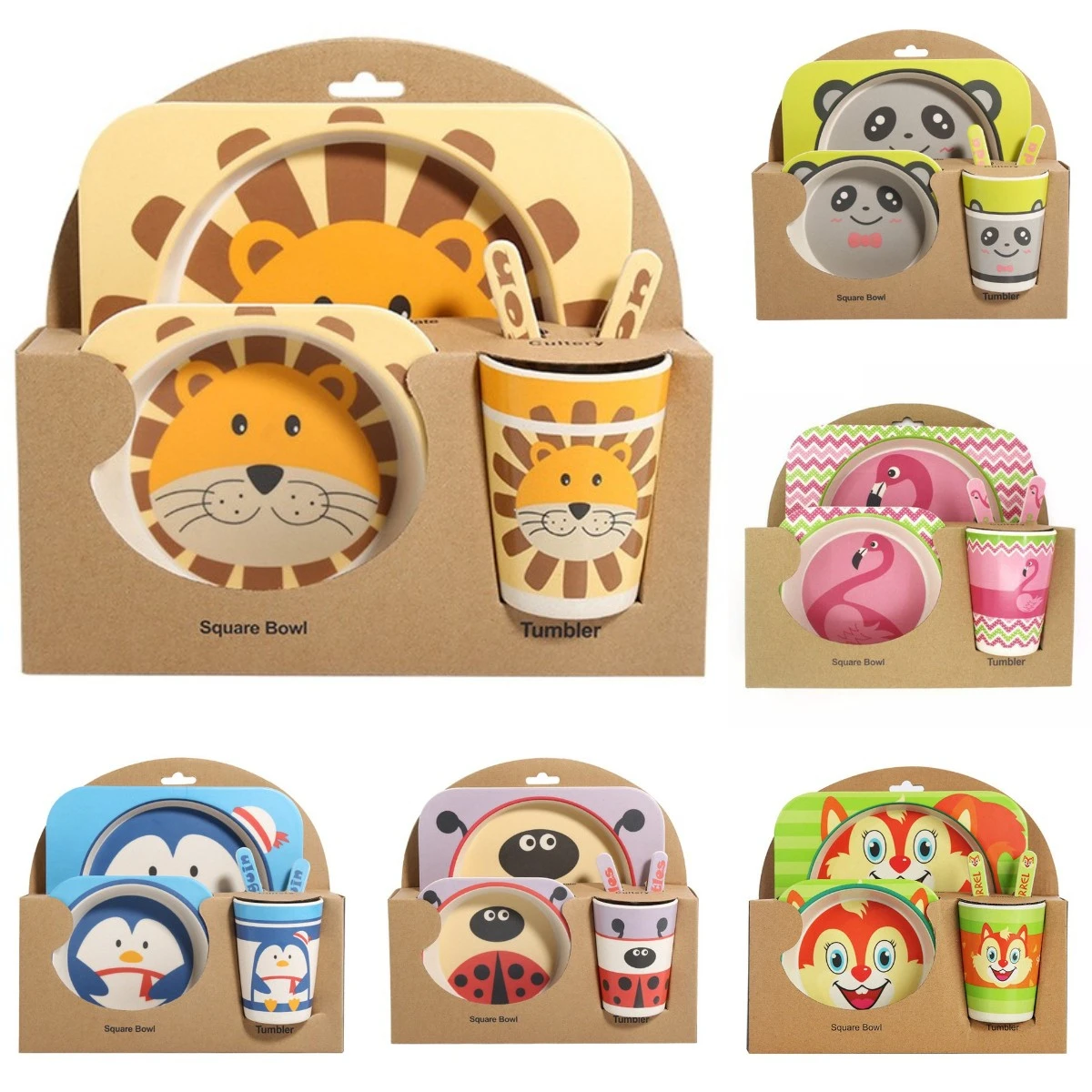 

5Pcs/Set Baby Bamboo Dishes Set Bowl+Spoon+Fork Feeding Food Tableware Eco-friendly Cartoon Aniaml Kid Feeding Bowl Dinner Plate