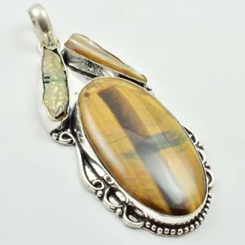 

Tiger Eye & Biwa Pearls Pendant Silver Overlay over Copper , 76 mm, P3197