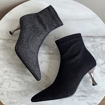 

Ankle Women Sock Boots Bling Sequin Stretch Boots Slip on Spring Autumn Shoes Fashion Elastic Ankle Boots High Heel Boot AB969