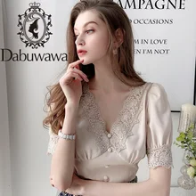 

Dabuwawa Elegant Lace Deep V-Neck Blouse Women Casual Solid Puff Sleeve Chiffon Blouses Shirts Tops Office Lady DT1BCF006