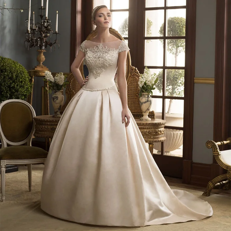 

Chapel Train Bead And Pleat Wedding Dress Vestidos De Novia 2019 New Design Cap Sleeve Crewneck Bridal Gown