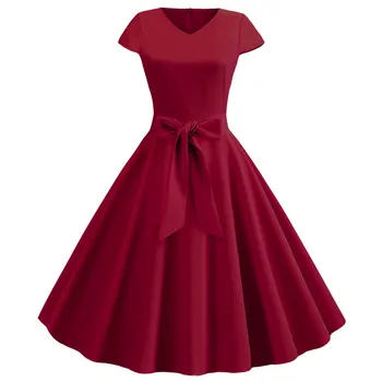 

Solid Color Summer Dress Vintage Women Swing Dresses Robe Femme Elegant Plus Size Casual Office Party Dress Midi Vestidos