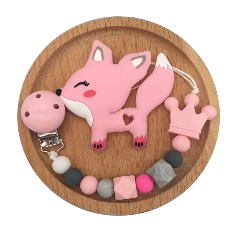 teether and chain Детские трофеи без БФА, силиконовый набор грызунов, цепочка для Соска с лисой для детского Соска-подвеска, держатель для сосков, детские игрушки для прорезывания зубов - Цвет: teether and chain