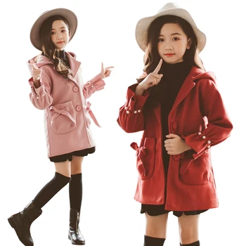 

pocket woolen-cloth long-coat age for 4-16 yrs teenage girls cute bow 3d pearl warm coats winter children clothes casual outwear
