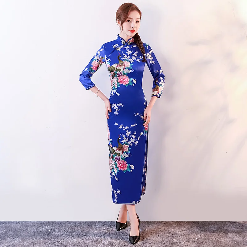 Черное Красное китайское традиционное платье женское шелковое атласное cheongsam винтажное Ципао с коротким рукавом длинное платье с цветами плюс - Цвет: color5