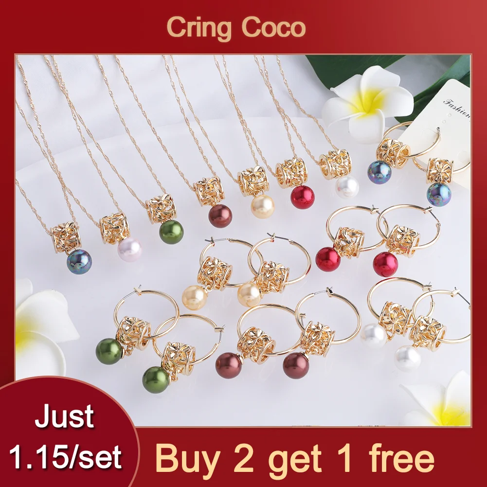 Fashion Jewelry Sets Hawaiian Gold Women's Pearl Necklace Hoop Earing Earrings Set Necklace Sets for Women with Free Shipping - Image 2