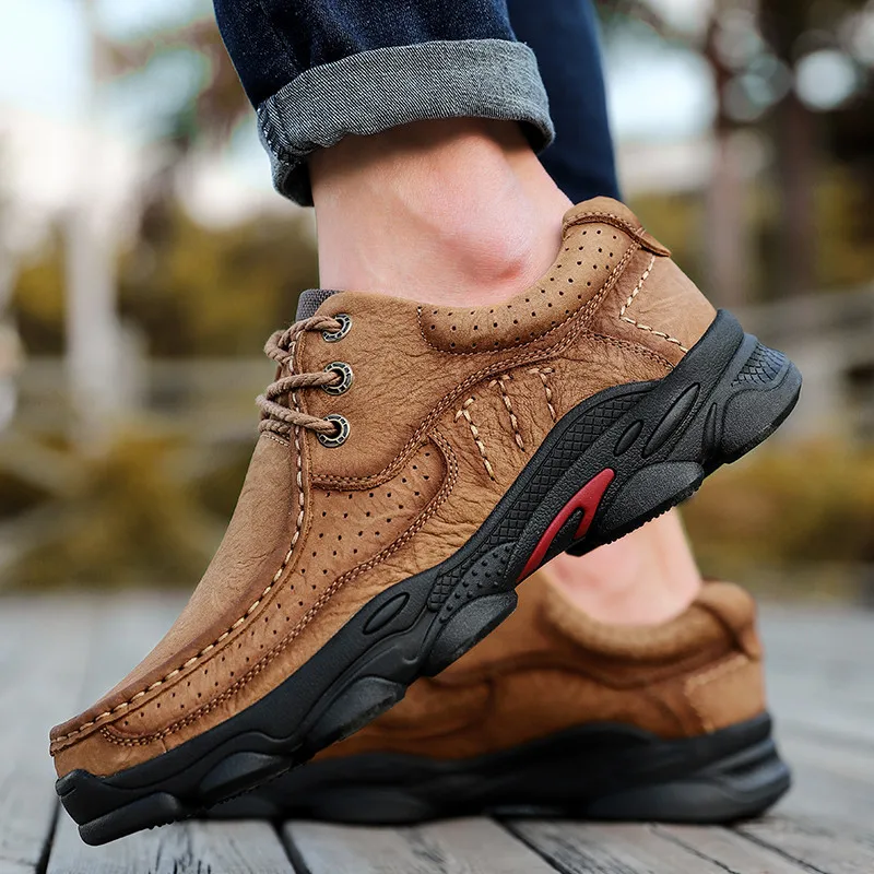 Handmade Genuine Leather Mens Sneakers Walking Driving Breathable Footwear Male Outdoor Leisure Shoes Business Dress Big Size 46