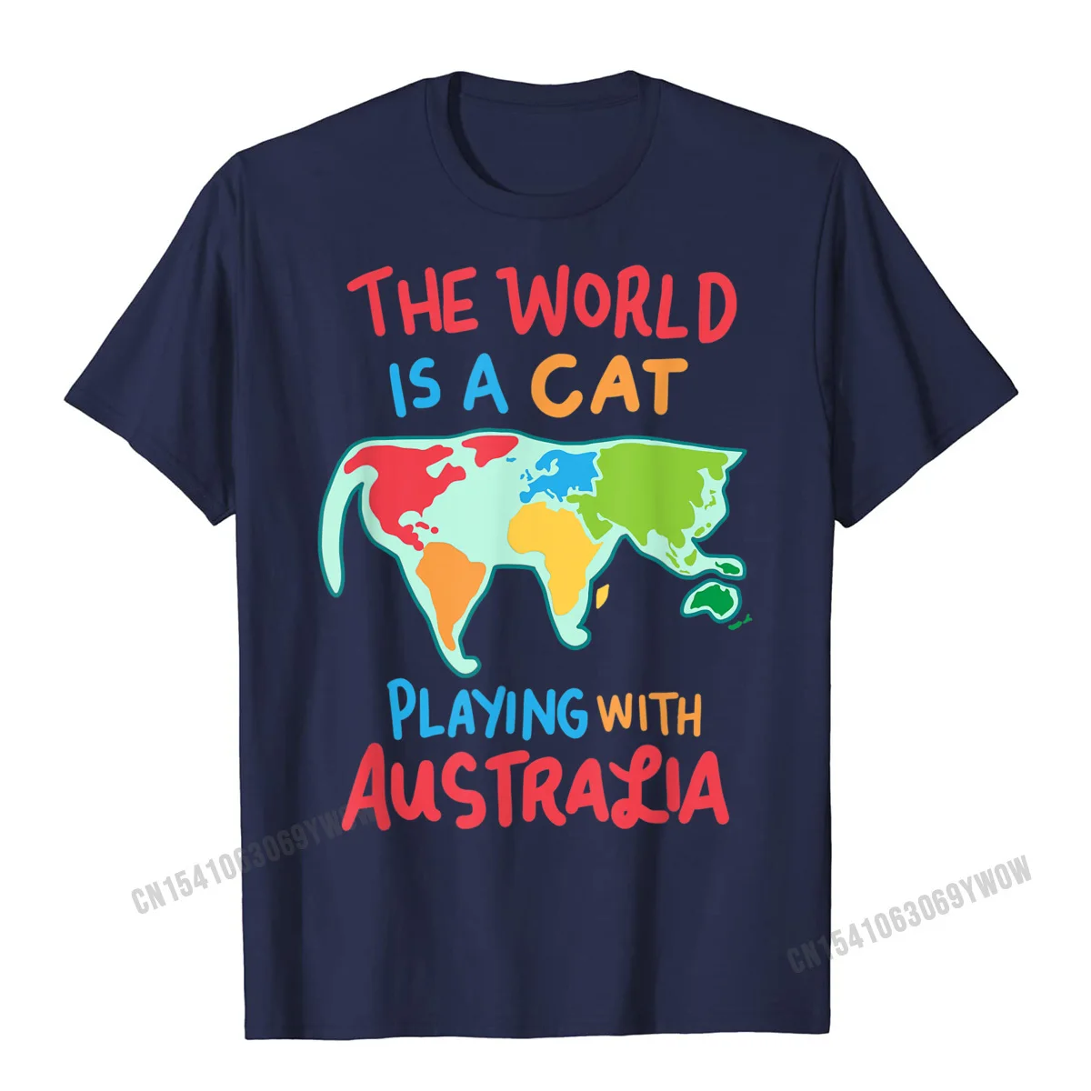 Personalized Casual Tops Tees Short Sleeve for Male Pure Cotton Lovers Day O-Neck T Shirts Summer Tees On Sale The World Is A Cat Playing With Australia T-Shirt__1010 navy
