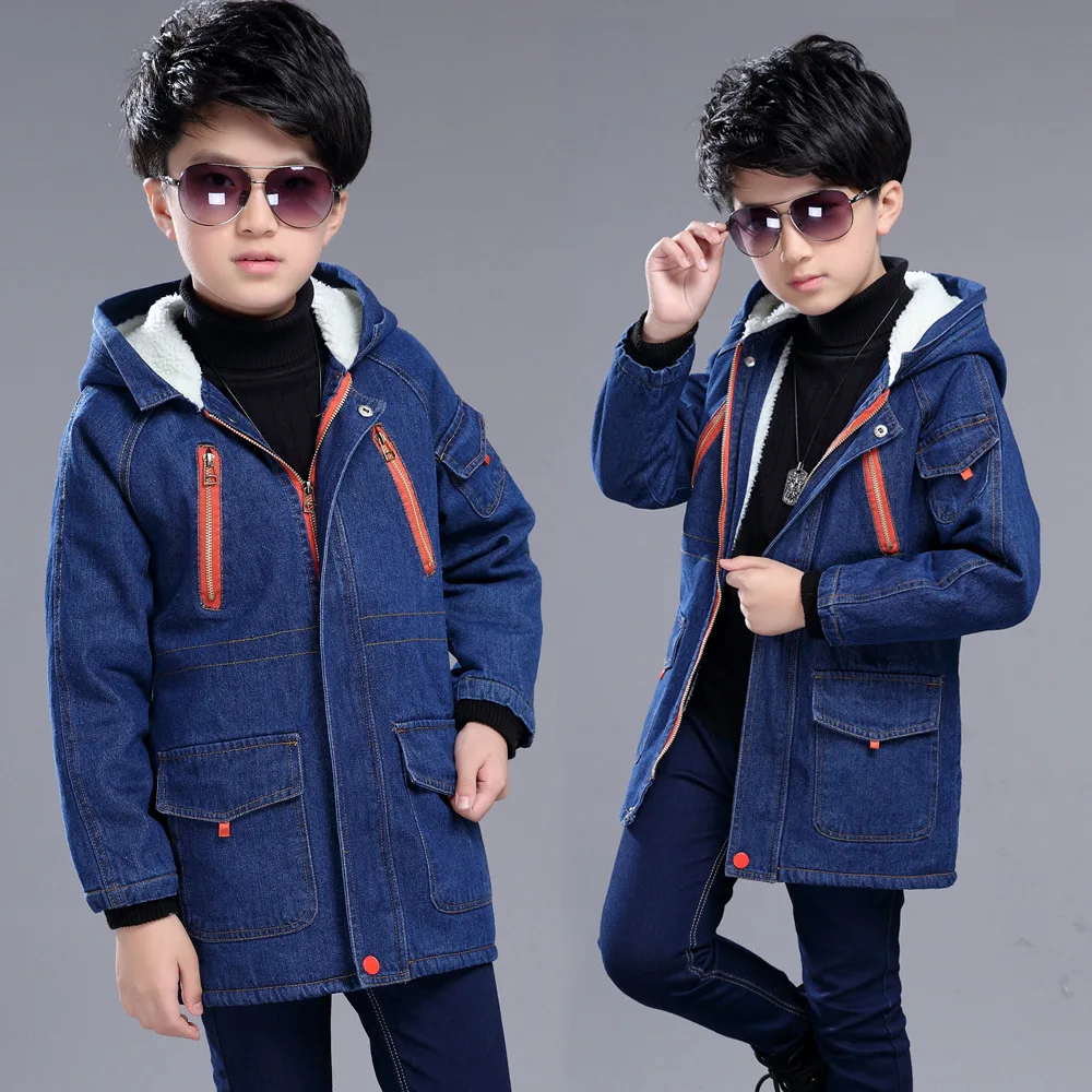 Джинсовая куртка для мальчиков новая детская одежда плюс бархатное плотное теплое пальто Детская Красивая ковбойская хлопковая куртка с капюшоном для малышей