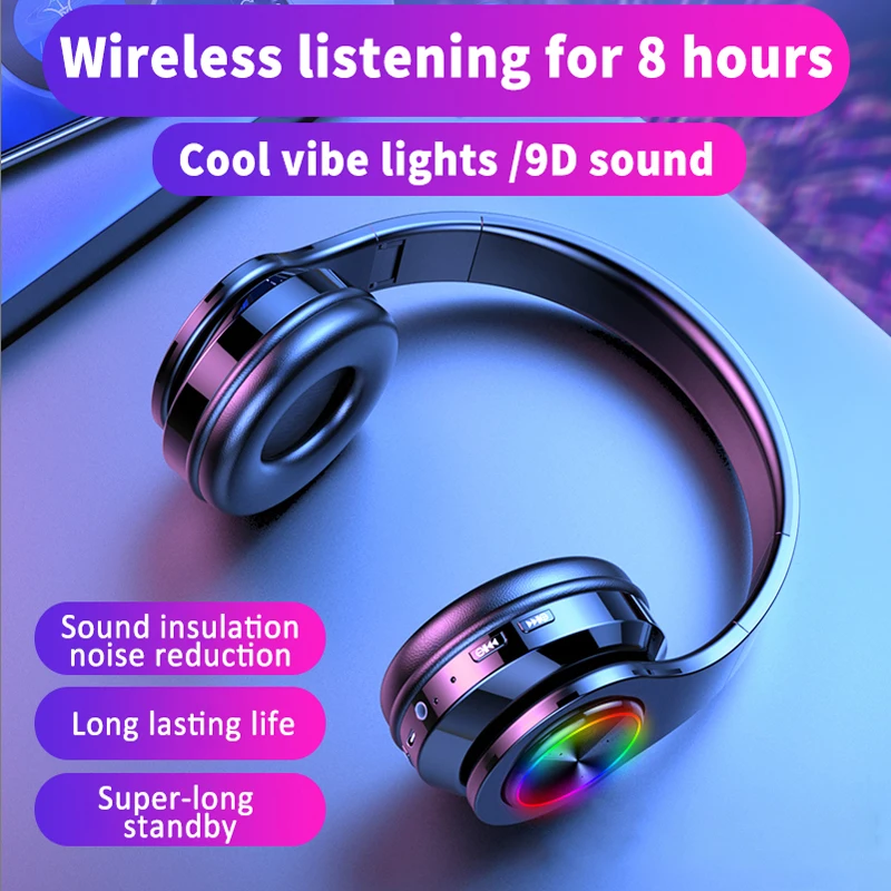 

Wireless Headphones Bluetooth 5.0 Noise Reduction Color Light 9D HiFi Stereo Sports Gaming Headset for IOS Android PC