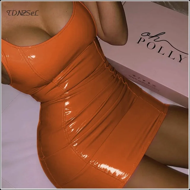 Sexy PU Patent Leather Sheath Tank Dress Women Short Mini Low Cut Slim PVC Latex Nightclub Dresses Bodycon Package Hip Summer - Цвет: Orange