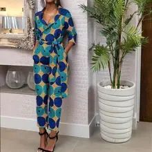 Digital Print Women Jumpsuits V-neck Zipper Bandage Mid Sleeve Wide Leg Bandage Elastic Waist Rompers Monos de Fiesta 2020 New E